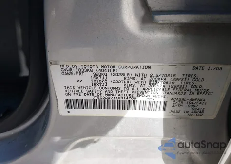 2004 Toyota Rav4 из США, поврежденный, VIN JTEGD20V440014768